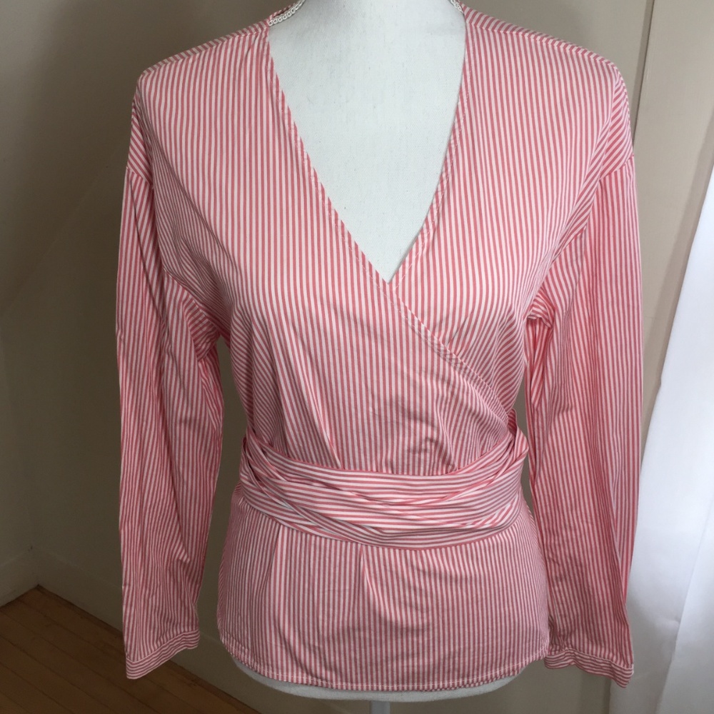 coral striped cotton wrap blouse